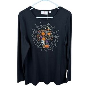 Quacker Factory Black Long Sleeve Halloween Spider Web Embroidered Tee Size M